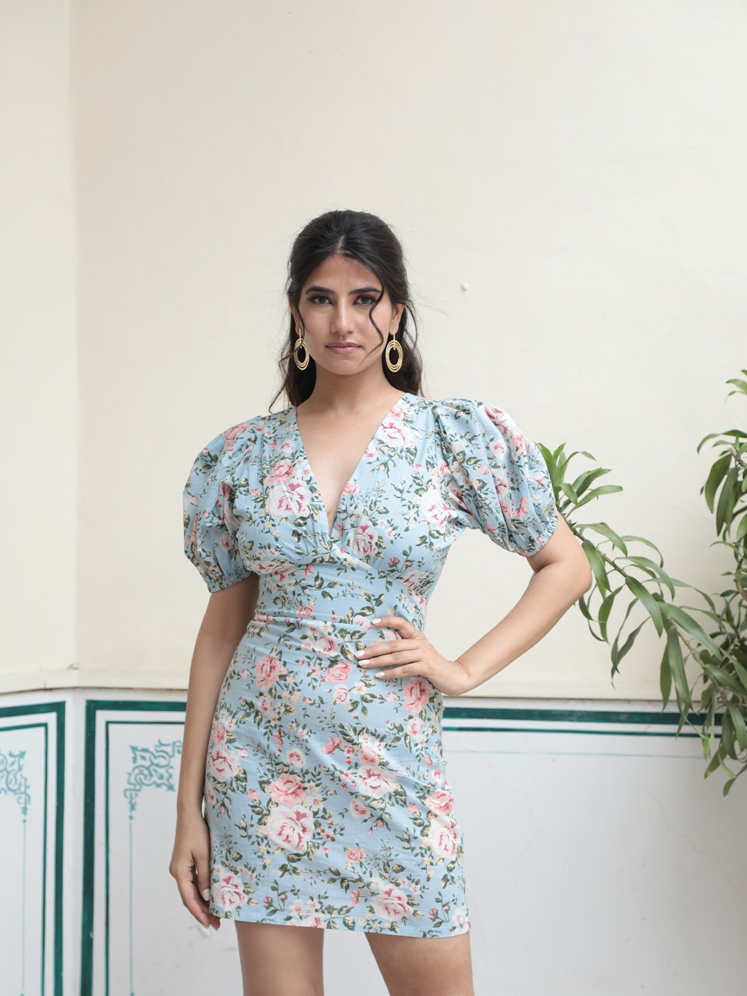 

MOONSTRUCK Floral Printed Puff Sleeve Sheath Dress, Blue