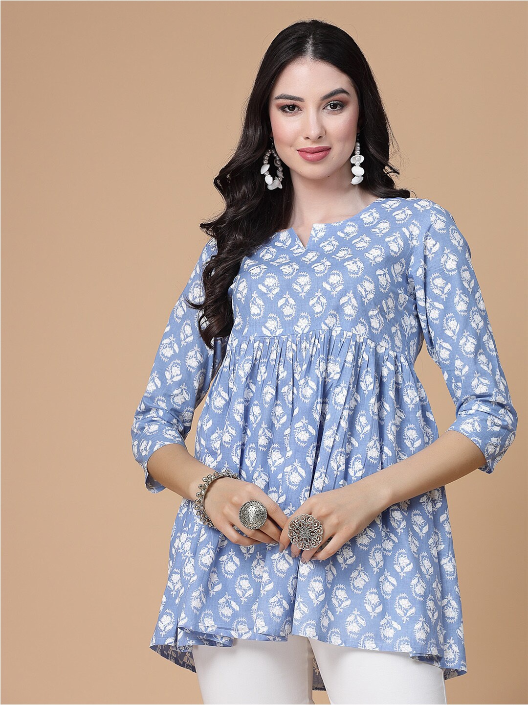 

God Bless Floral Printed Pure Cotton Peplum Top, Blue