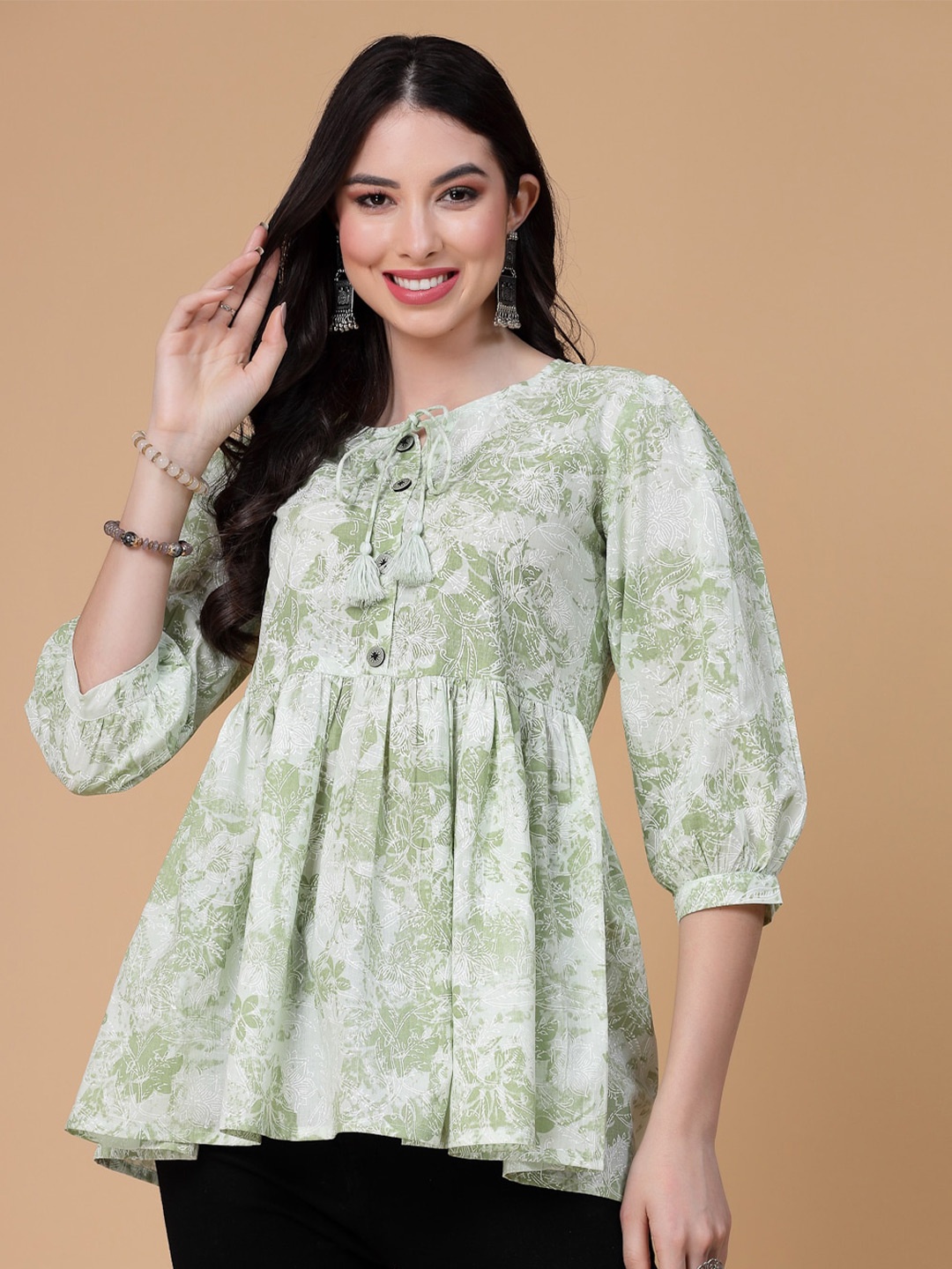 

God Bless Floral Printed Pure Cotton Peplum Top, Green