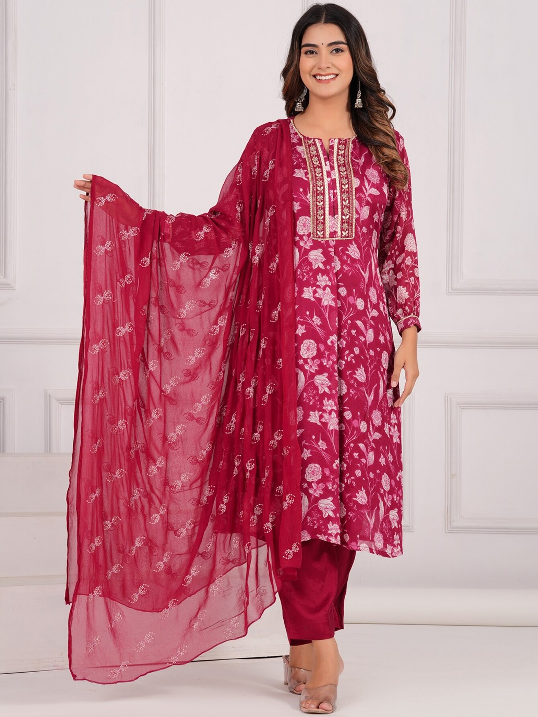 

EtnicaWear Ethnic Motifs Printed Beads and Stones Pure Silk Kurta With Trousers & Dupatta, Maroon