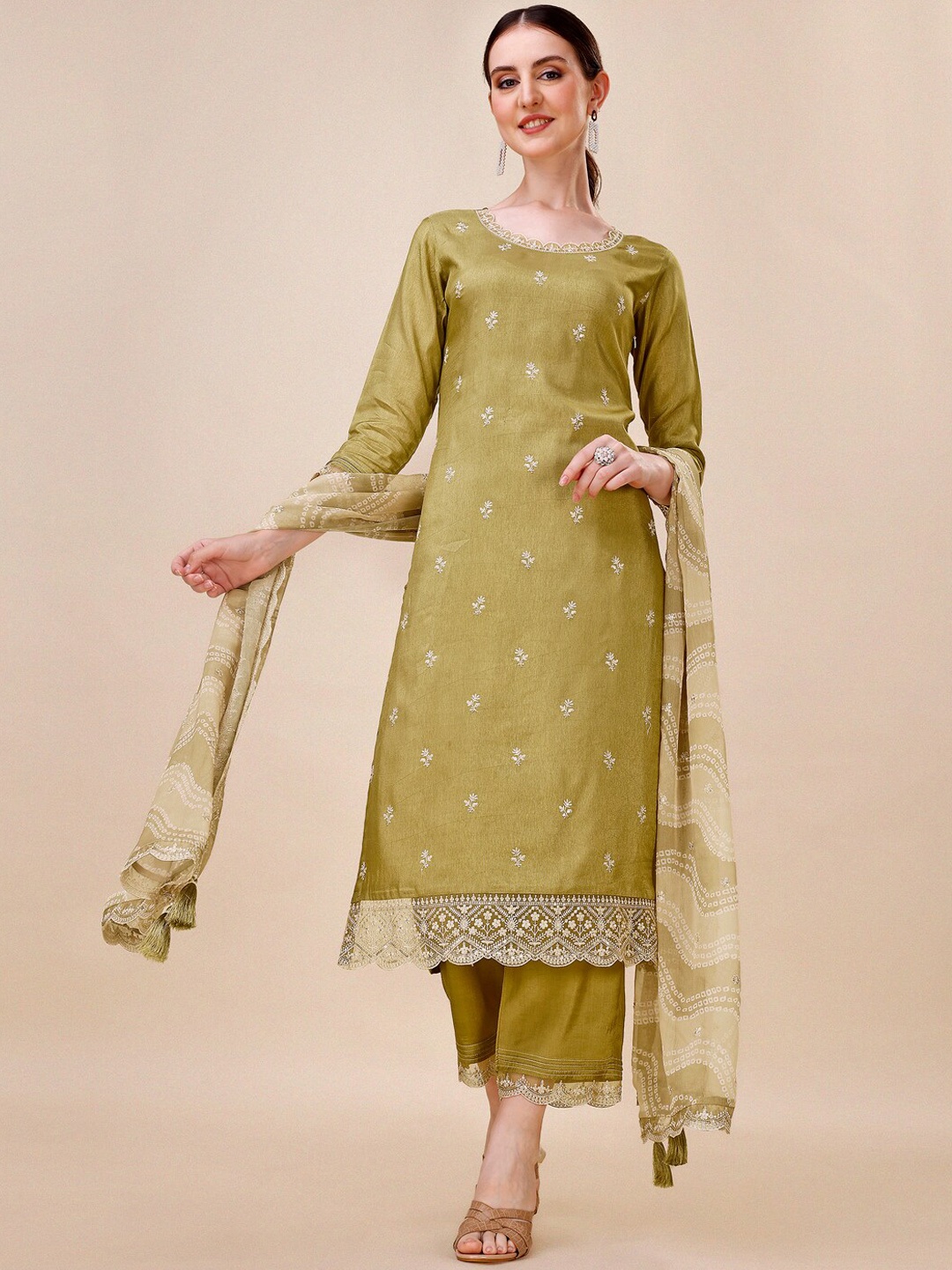 

Seerat Embroidery Silk Straight Kurta With Trousers And Printed Dupatta, Olive