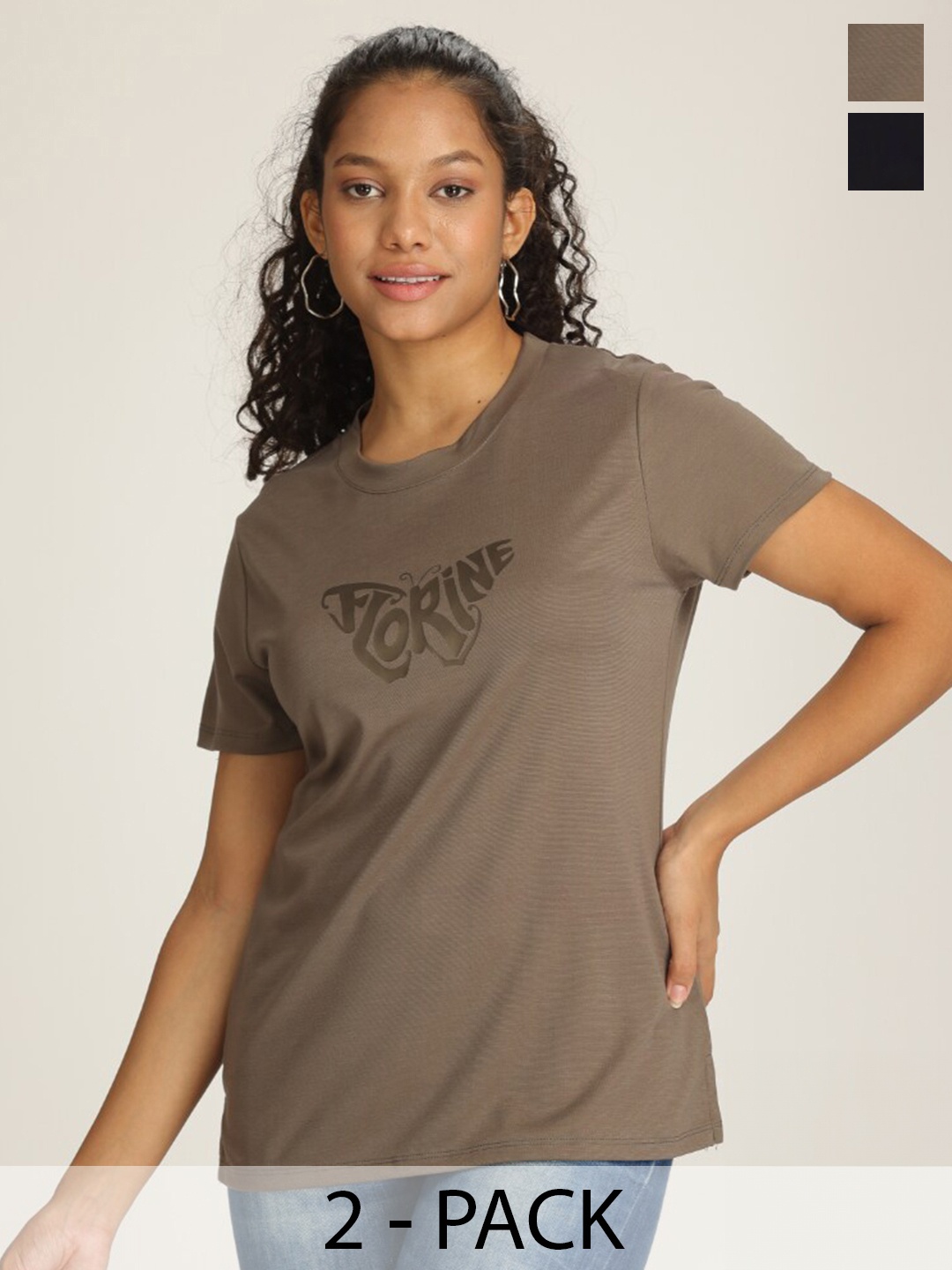TITTLI Pack Of 2 Typography Printed T Shirts, Olive