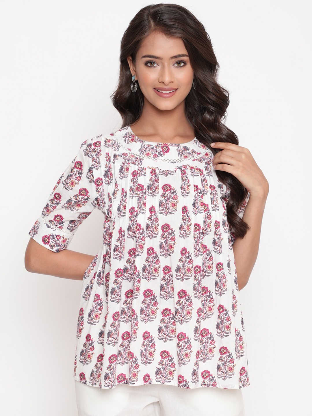 

SAVI Ethnic Motifs Print Cotton A-Line Top, White