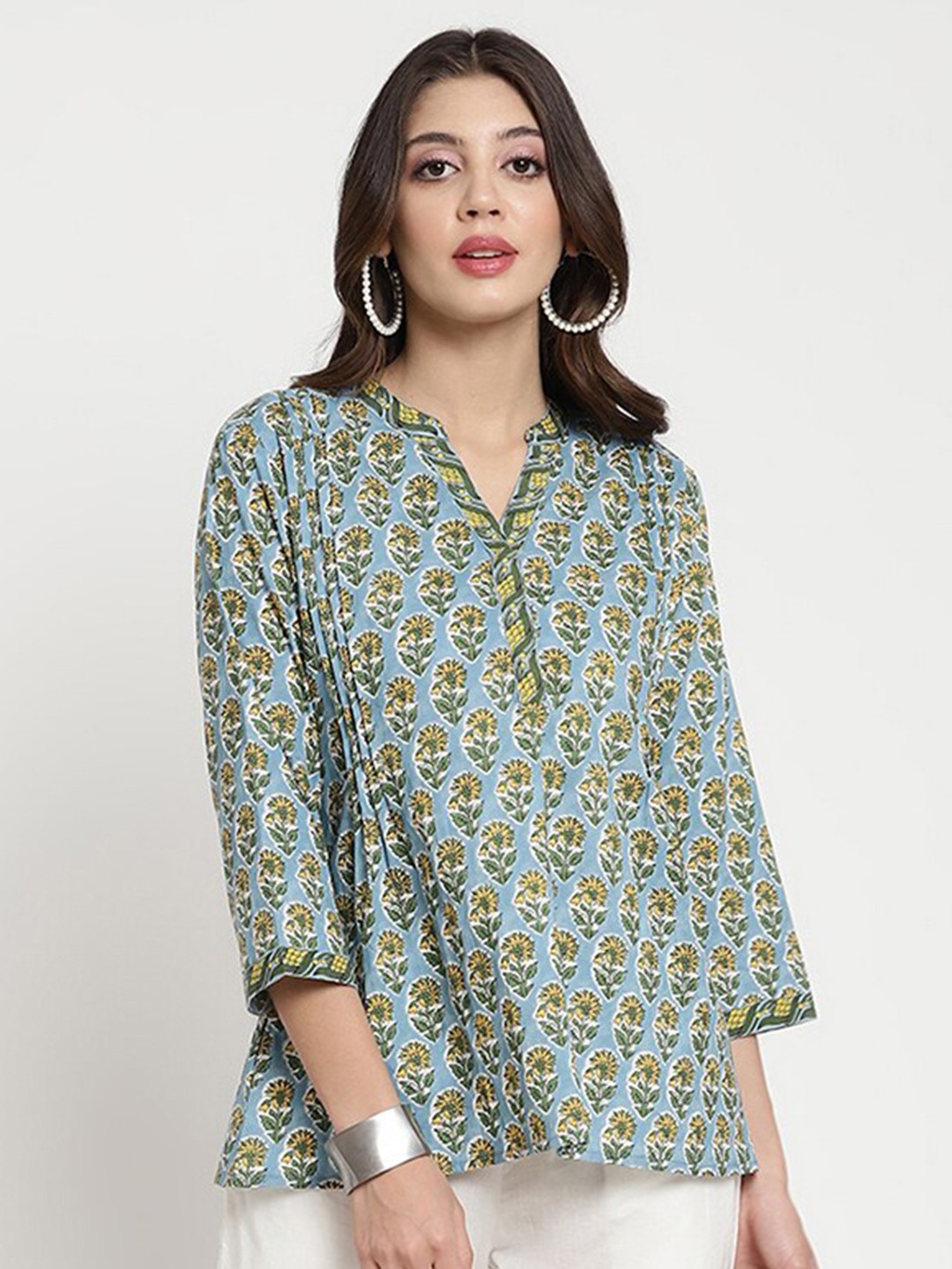 

SAVI Ethnic Motifs Printed Cotton Shirt Style Top, Blue