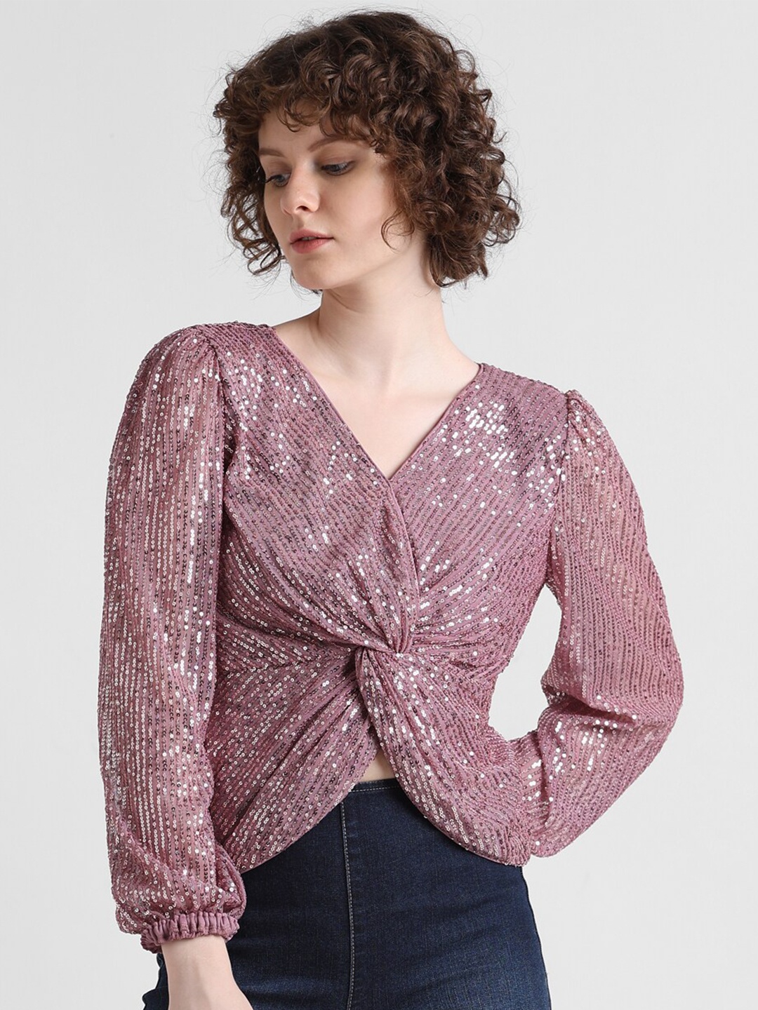 

ONLY ONLTRINA Sequin Embellished V-Neck Puff Sleeves Top, Mauve