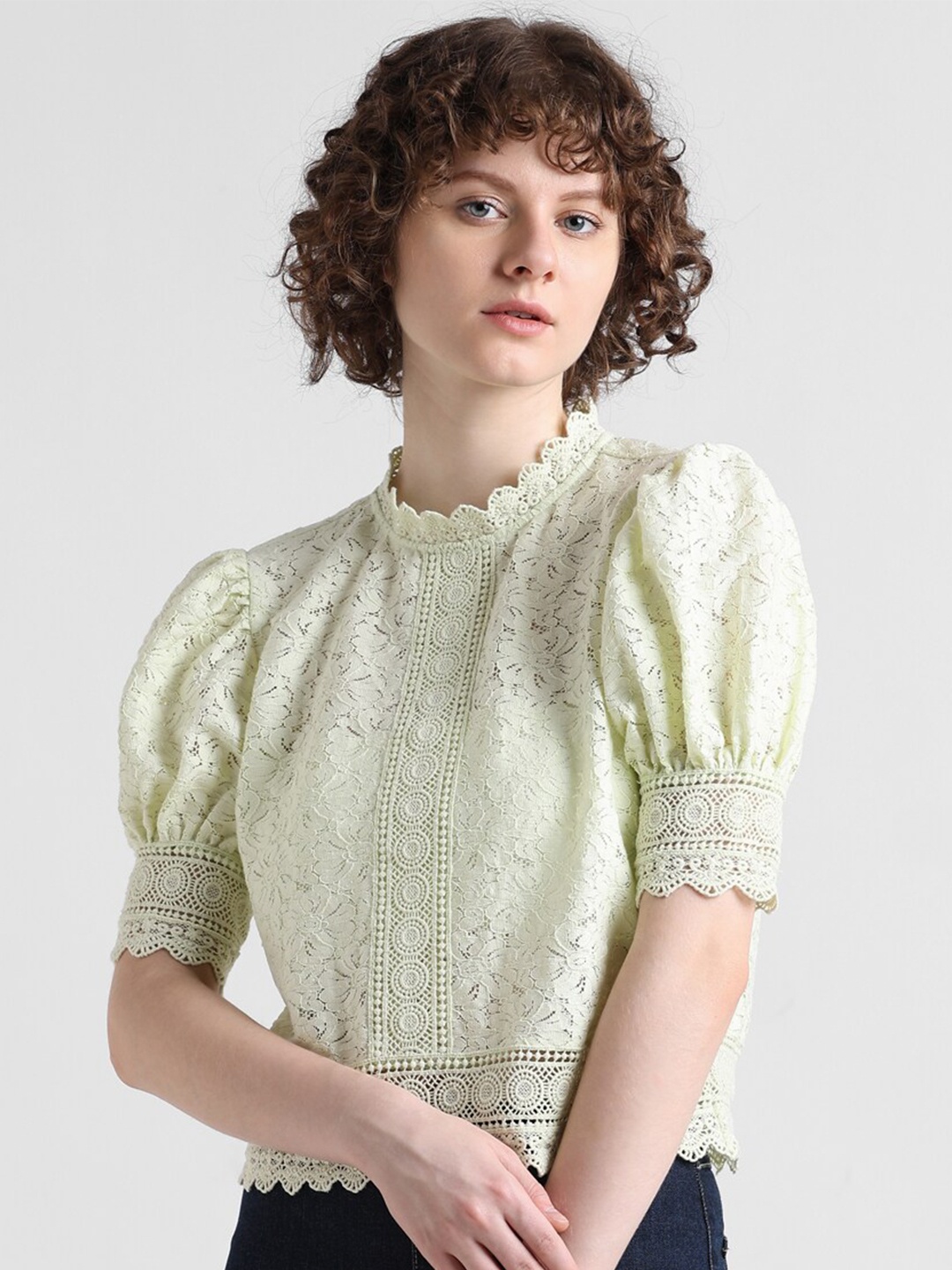 

ONLY Self Design High Neck Puff Sleeves Top, Green