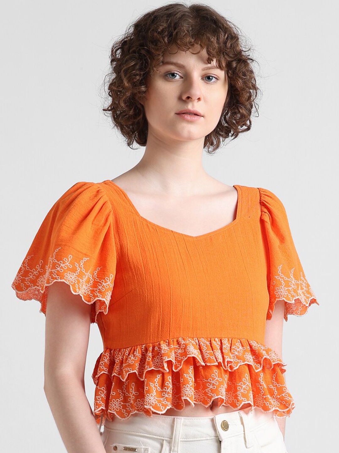 

ONLY ONLRAIN Floral Embroidered Ruffles Detail Flared Sleeves Pure Cotton Top, Orange