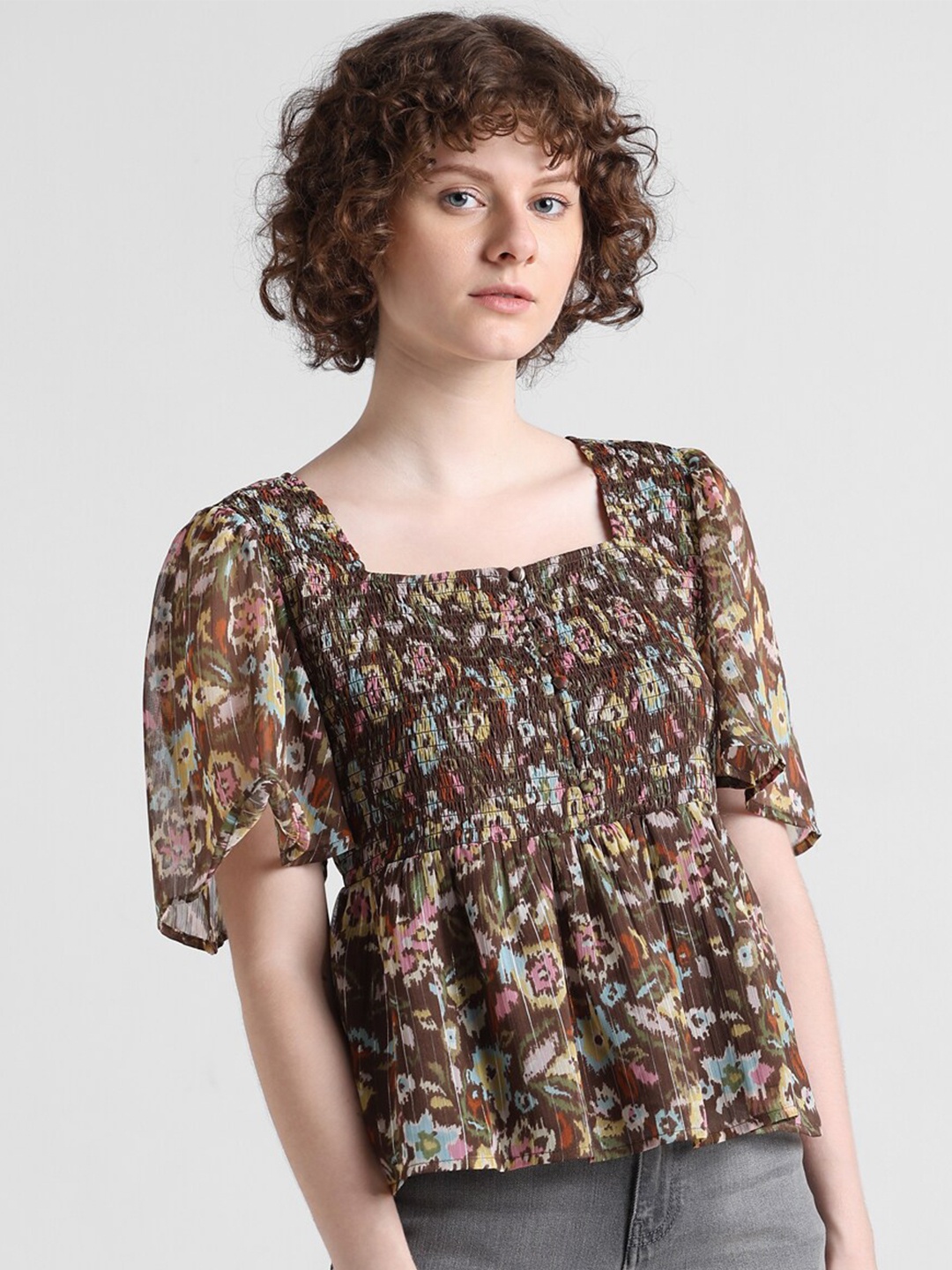 

ONLY Floral Printed Flared Sleeve Peplum Top, Brown