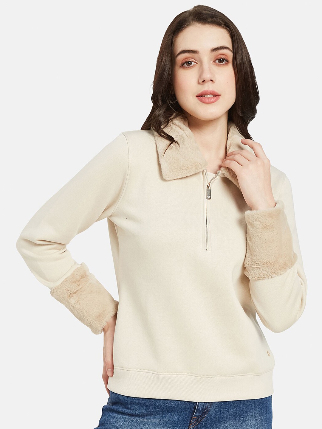 

METTLE Spread Collar Half Zipper Closure Fleece Pullover Sweatshirt, Cream