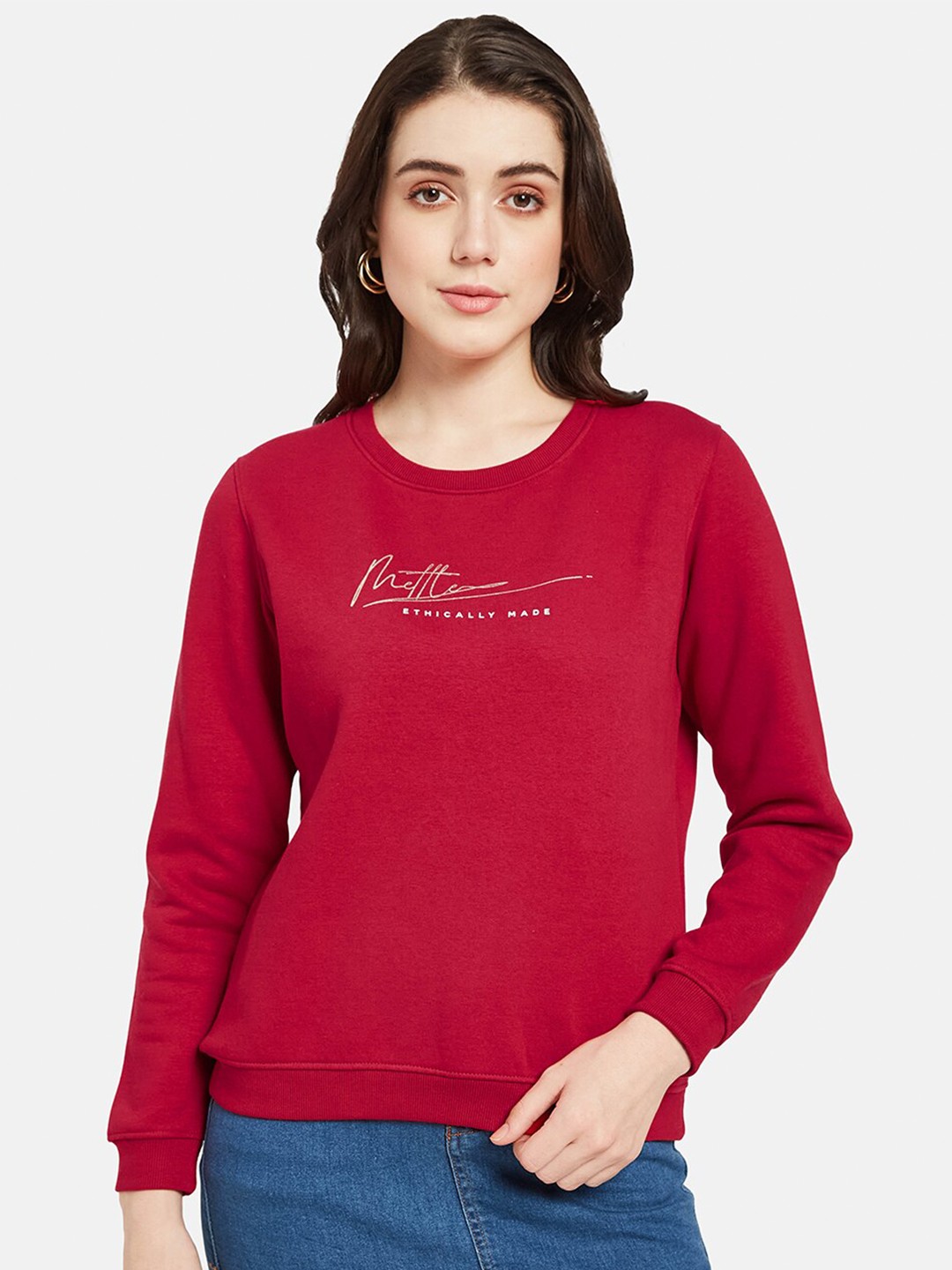 

METTLE Typography Printed Round Neck Long Sleeves Fleece Pullover Sweatshirt, Red