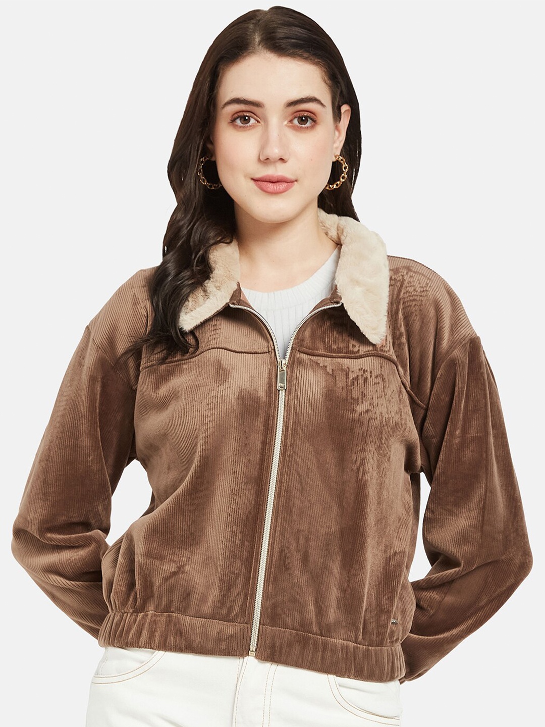 

METTLE Spread Collar Fleece Front-Open Sweatshirt, Brown