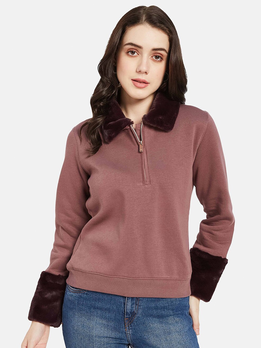 

METTLE Shirt Collar Long Sleeves Fleece Fur Pullover Sweatshirt, Coral
