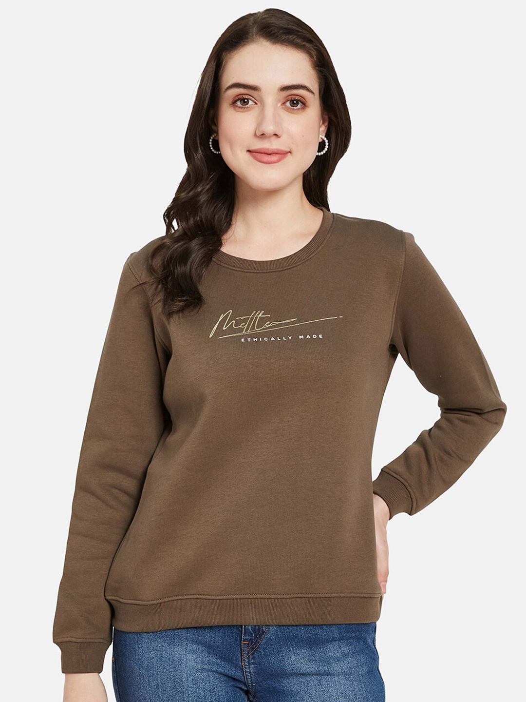 

METTLE Typography Printed Round Neck Fleece Sweatshirt, Brown