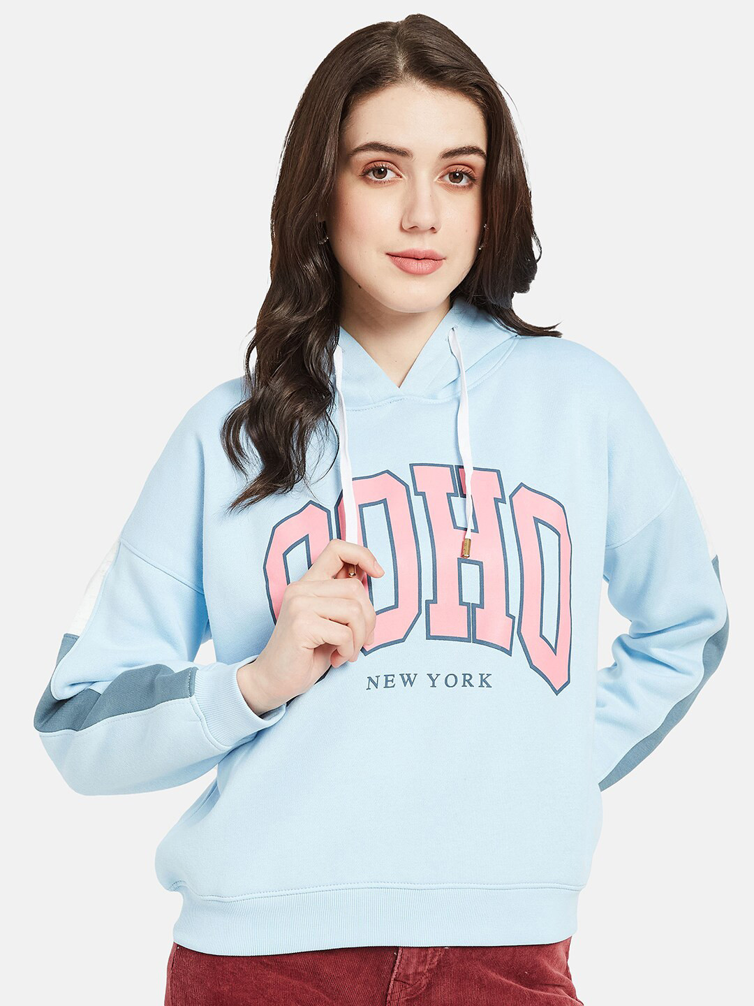 

METTLE Typography Printed Hooded Fleece Pullover, Blue