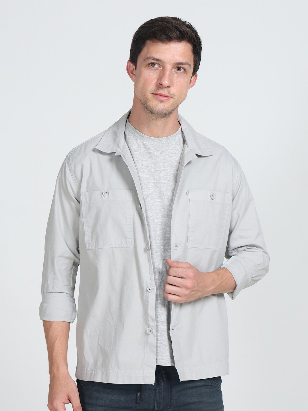 

POE Smart Spread Collar Slim Fit Pure Cotton Shirt, Grey