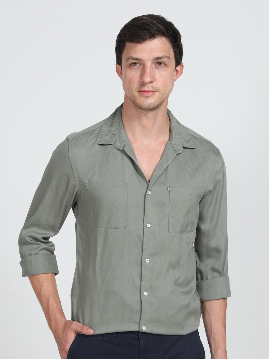 

POE Smart Slim Fit Double Pocket Casual Shirt, Green