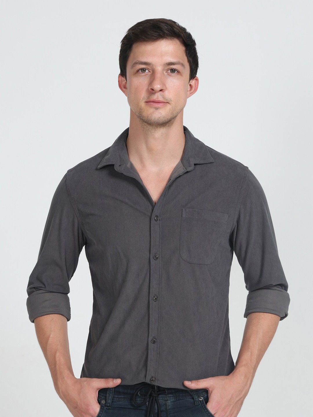 

POE Smart Slim Fit Corduroy Pure Cotton Casual Shirt, Grey