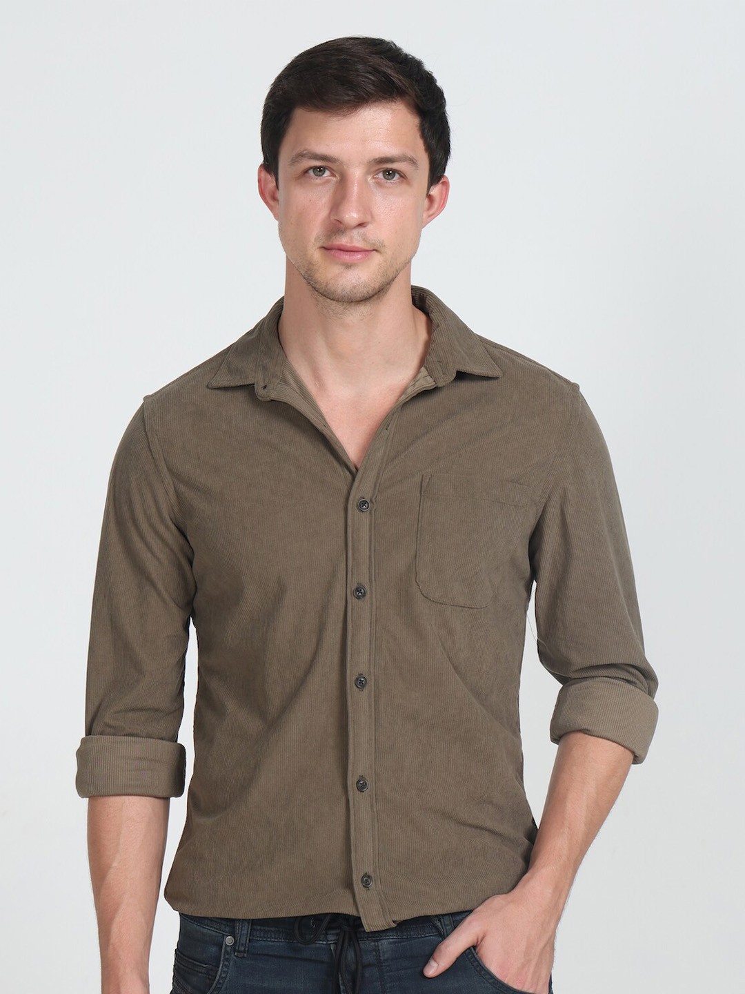 

POE Smart Slim Fit Corduroy Pure Cotton Casual Shirt, Olive