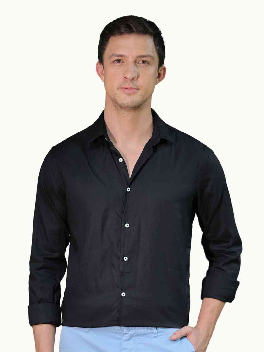 

POE Smart Slim Fit Spread Collar Pure Cotton Casual Shirt, Black