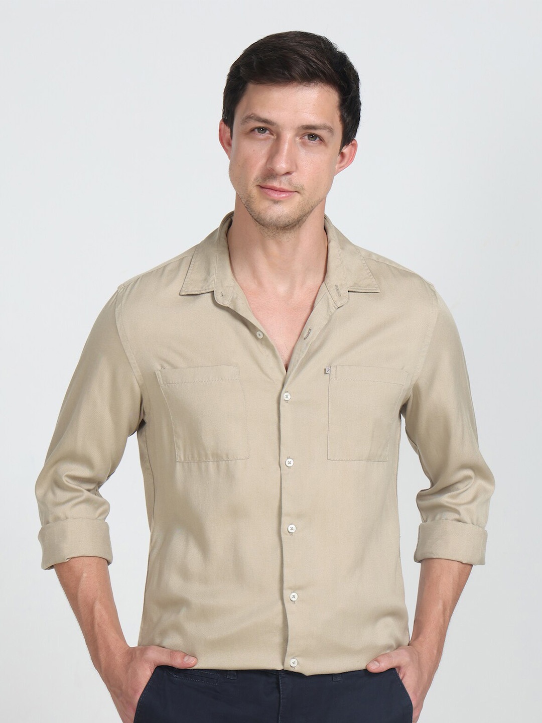 

POE Smart Slim Fit Spread Collar Casual Shirt, Khaki