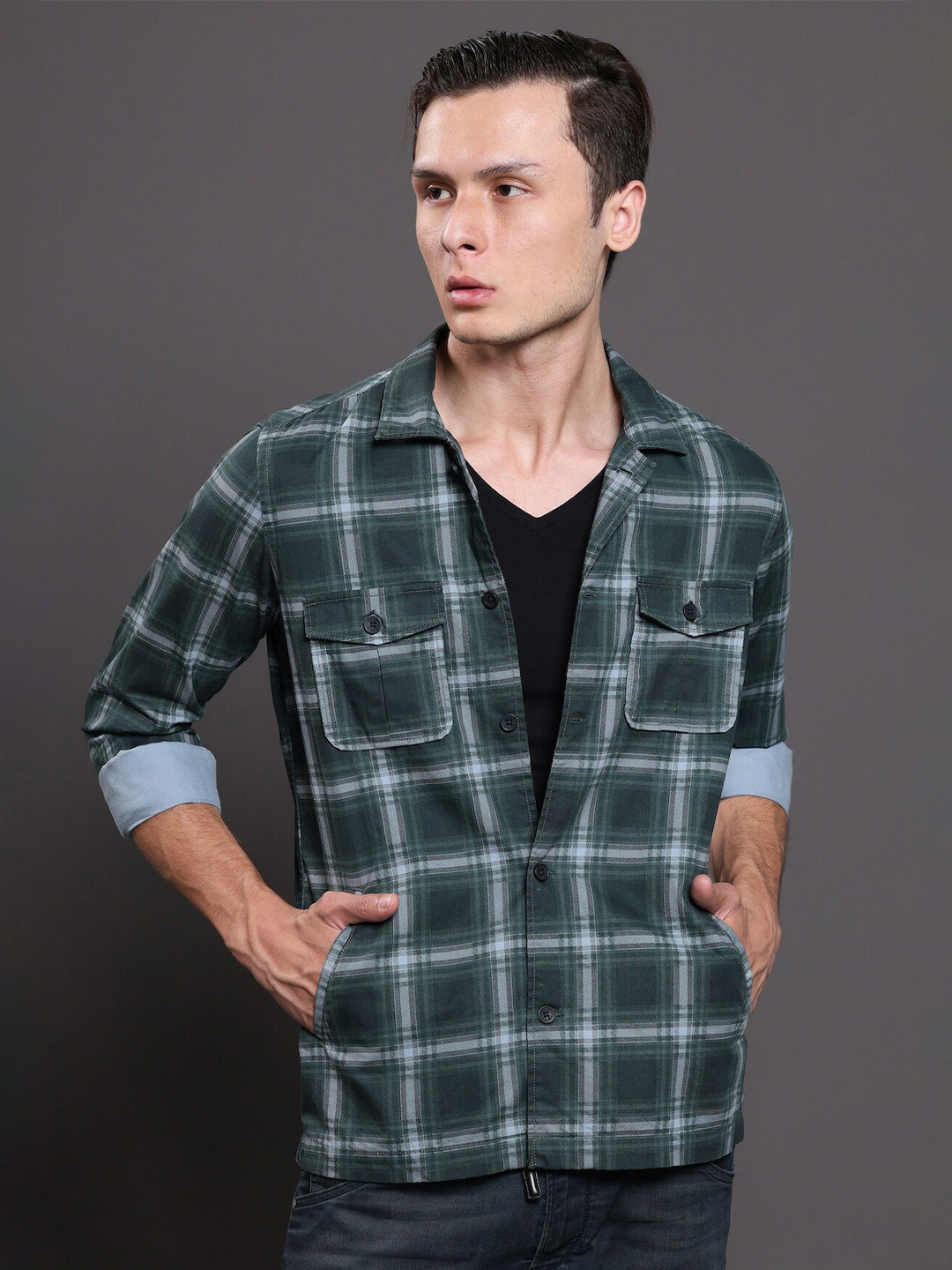 

POE Smart Slim Fit Checked Pure Cotton Casual Shackets Shirt, Green