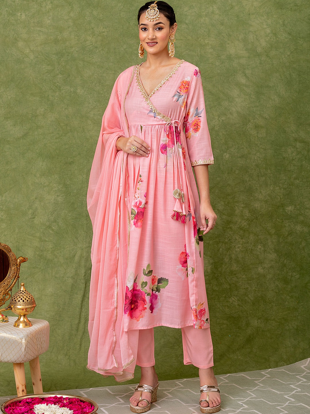

KASYA Floral Printed Angrakha Gotta Patti Kurta With Palazzos & Dupatta, Peach