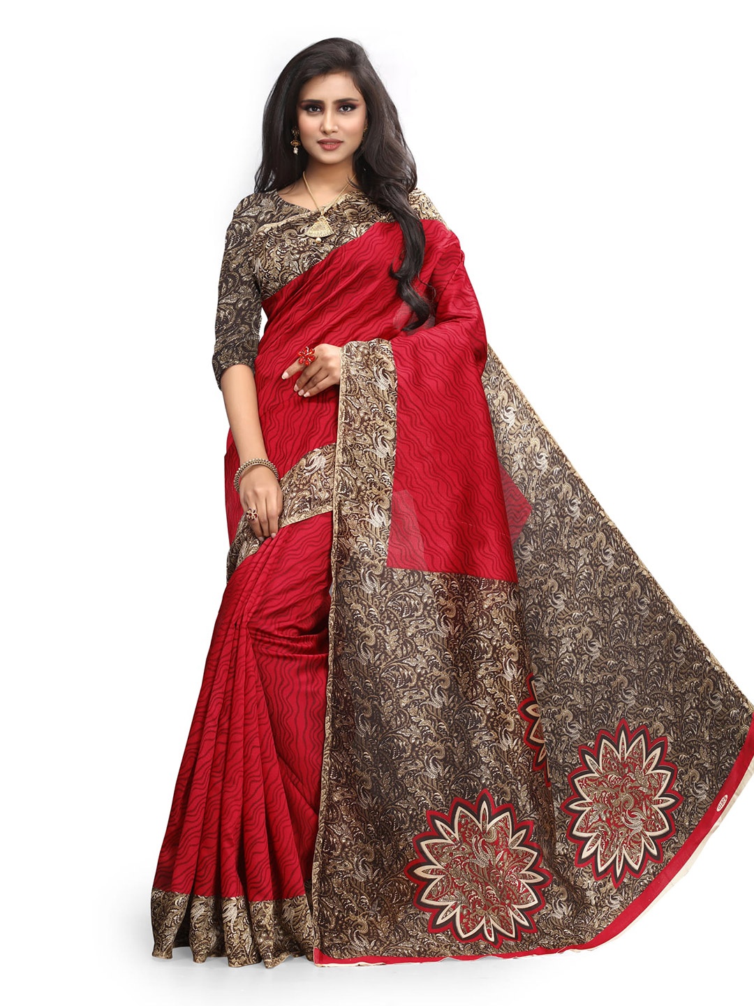 

KALINI Striped Printed Border Saree, Red