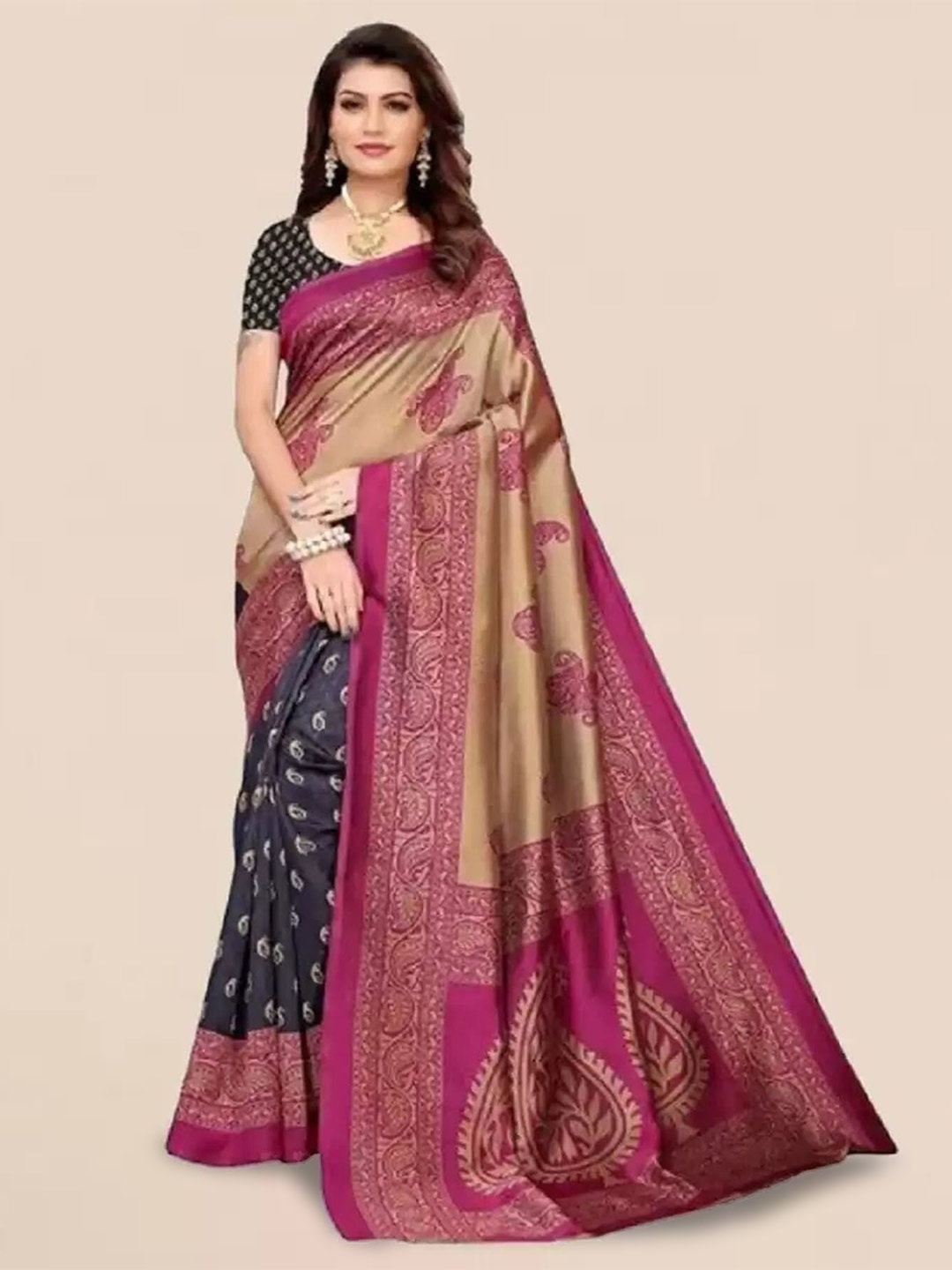 

KALINI Ethnic Motifs Printed Art Silk Saree, Black