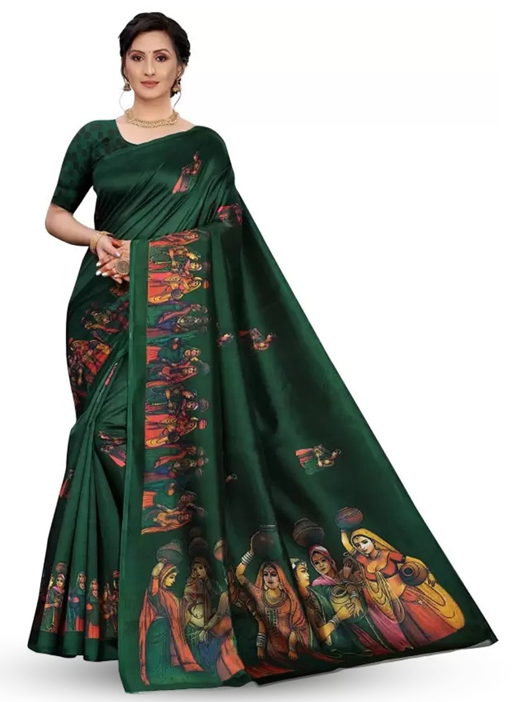 

KALINI Ethnic Motifs Printed Banarasi Saree, Green