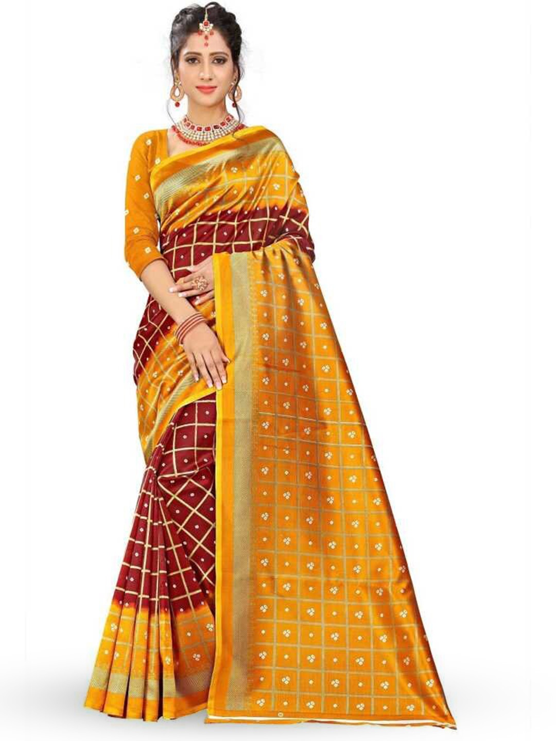 

KALINI Checked Banarasi Saree, Brown