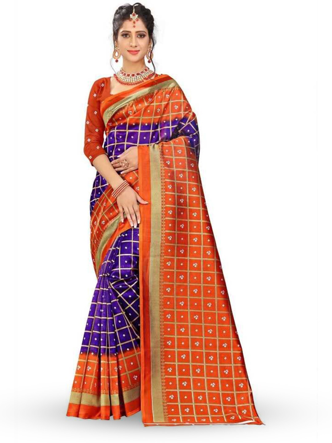 

KALINI Checked Banarasi Saree, Orange