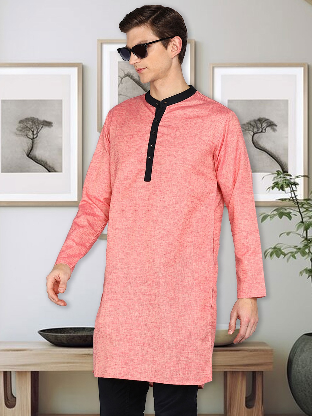 

Kuons Avenue Band Collar Straight Kurta, Peach