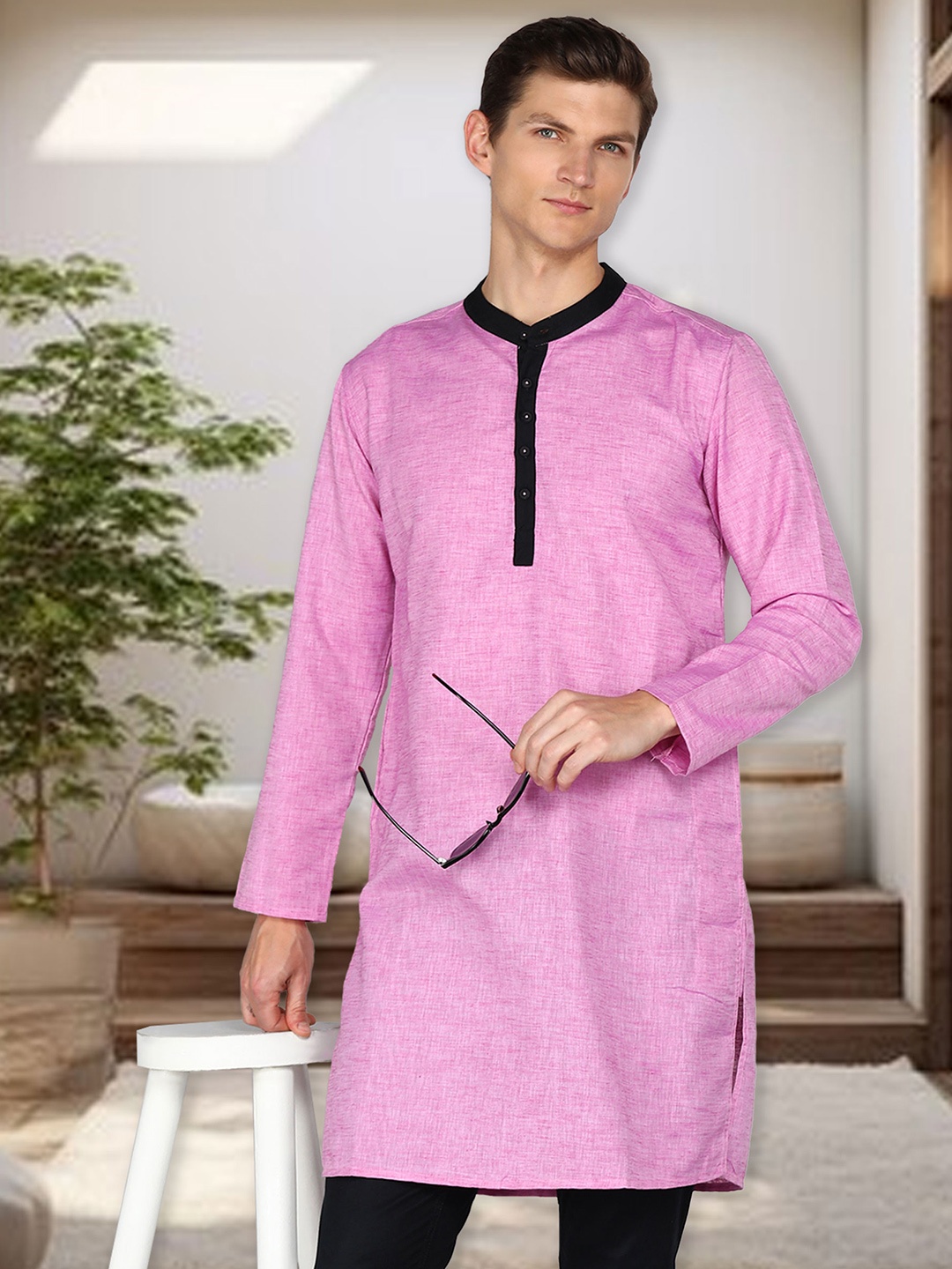 

Kuons Avenue Band Collar Long Sleeve Linen Cotton Straight Kurta, Mauve