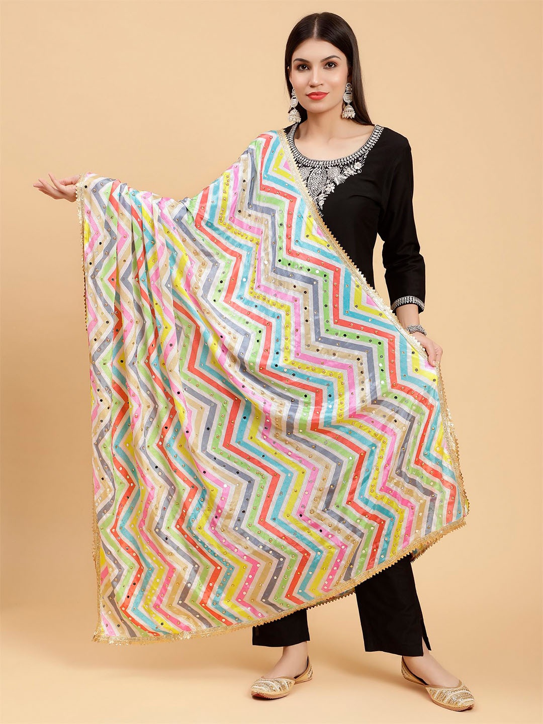 

Moda Chales Chevron Printed Mirror Work Dupatta, Pink