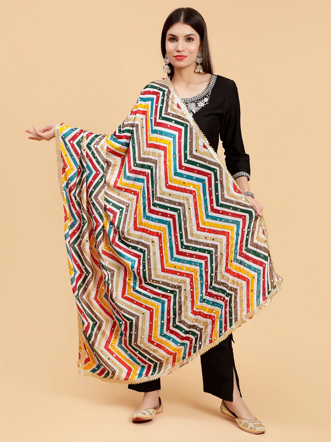 

Moda Chales Chevron Printed Chiffon Dupatta with Mirror Work & Gotta Patti, Green