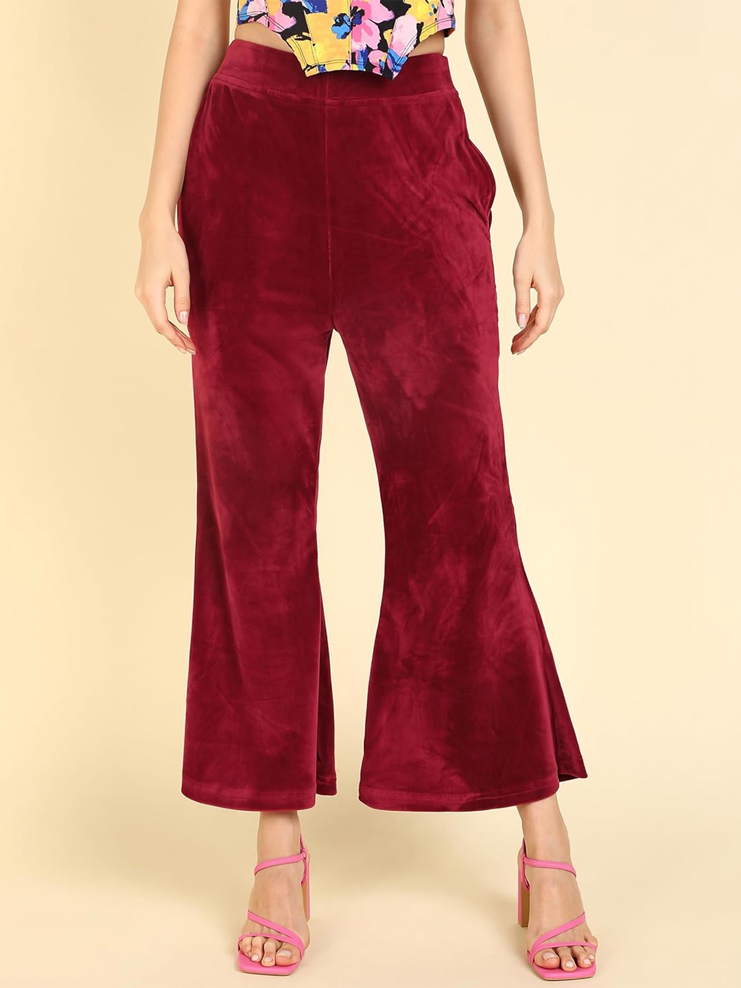 

CHANDERKASH Knitted Velvet Wide Leg Palazzos, Maroon