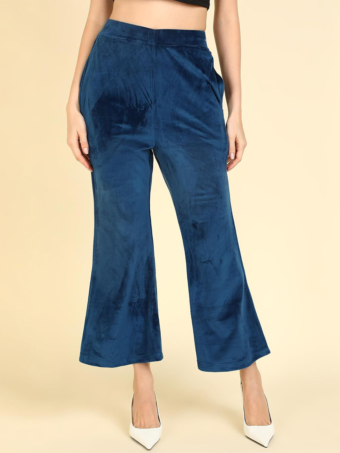 

CHANDERKASH Knitted Velvet Wide Leg Palazzos, Blue