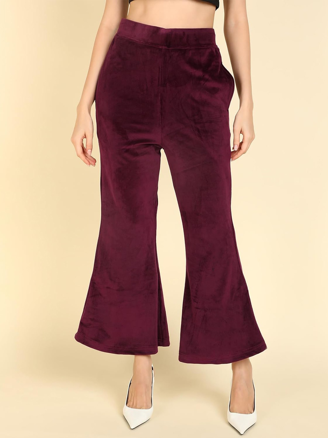 

CHANDERKASH Women Wide Leg Knitted Velvet Palazzos, Maroon