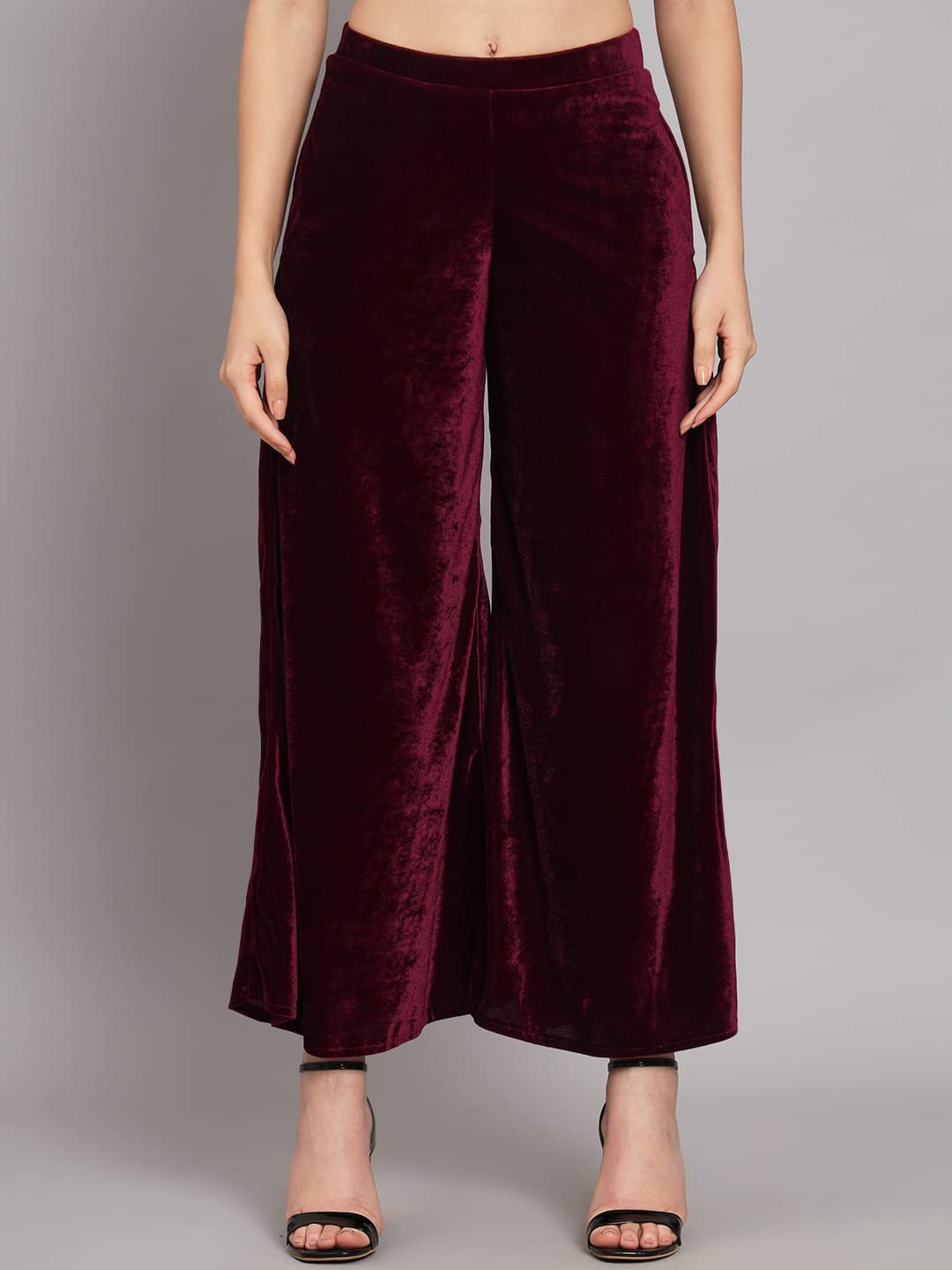 

CHANDERKASH Women Flared Knitted Velvet Palazzos, Maroon