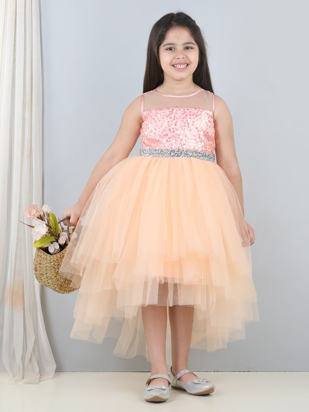 

Toy Balloon kids Girls Embellished Sequined Fit & Flare Maxi Dress, Peach