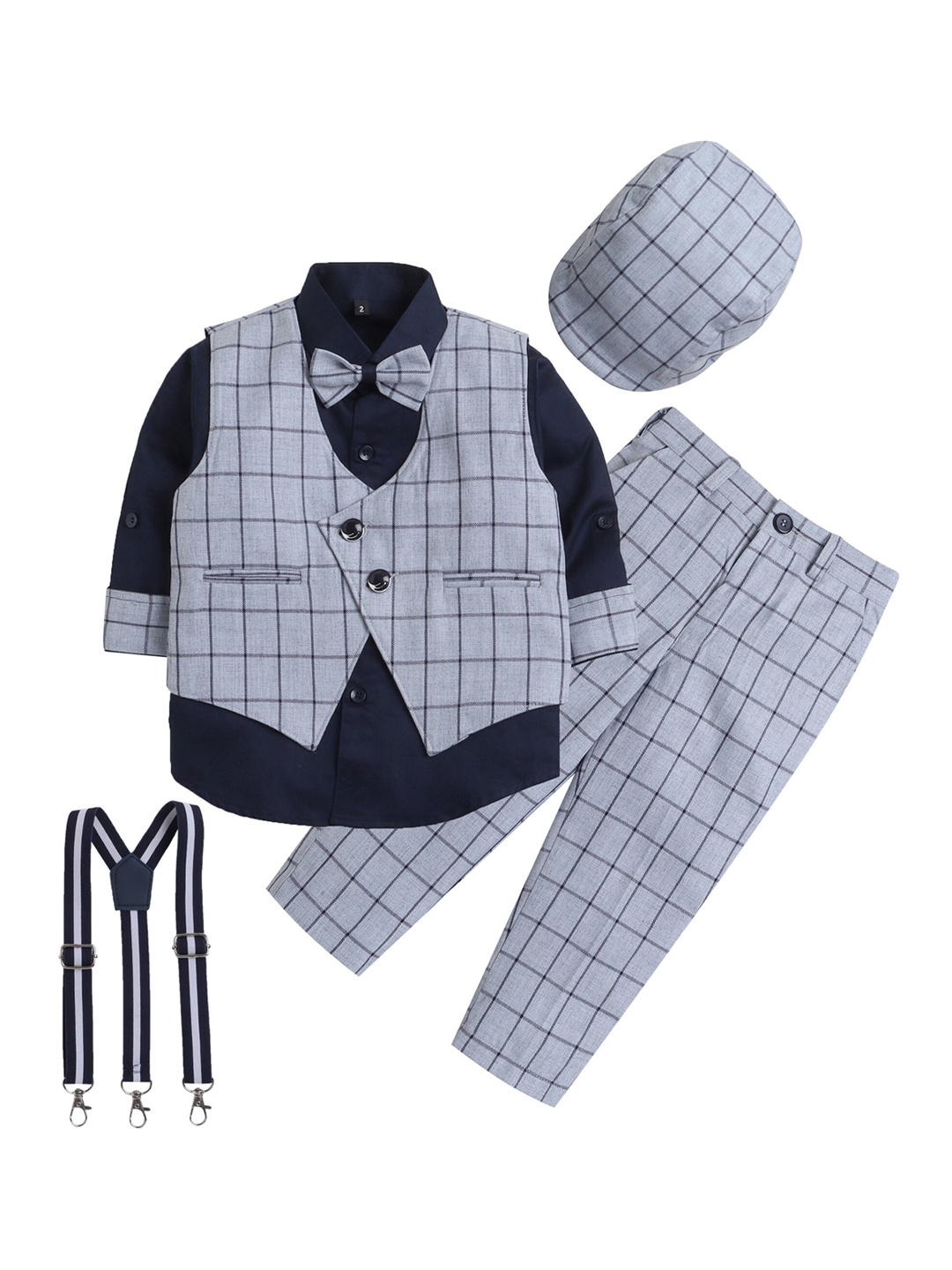 

Lil homies Boys Checked Three Piece Party Suit, Grey