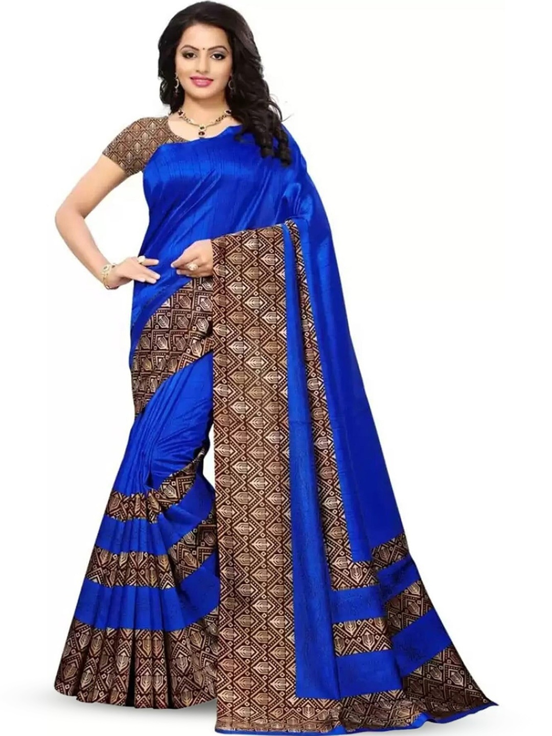 

Mitera Geometric Printed Art Silk Banarasi Saree, Blue