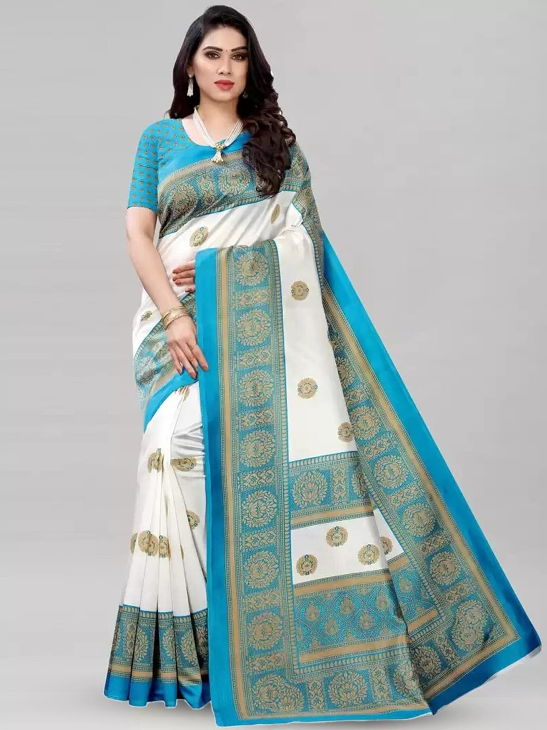 

Mitera Ethnic Motifs Printed Art Silk Banarasi Saree, White