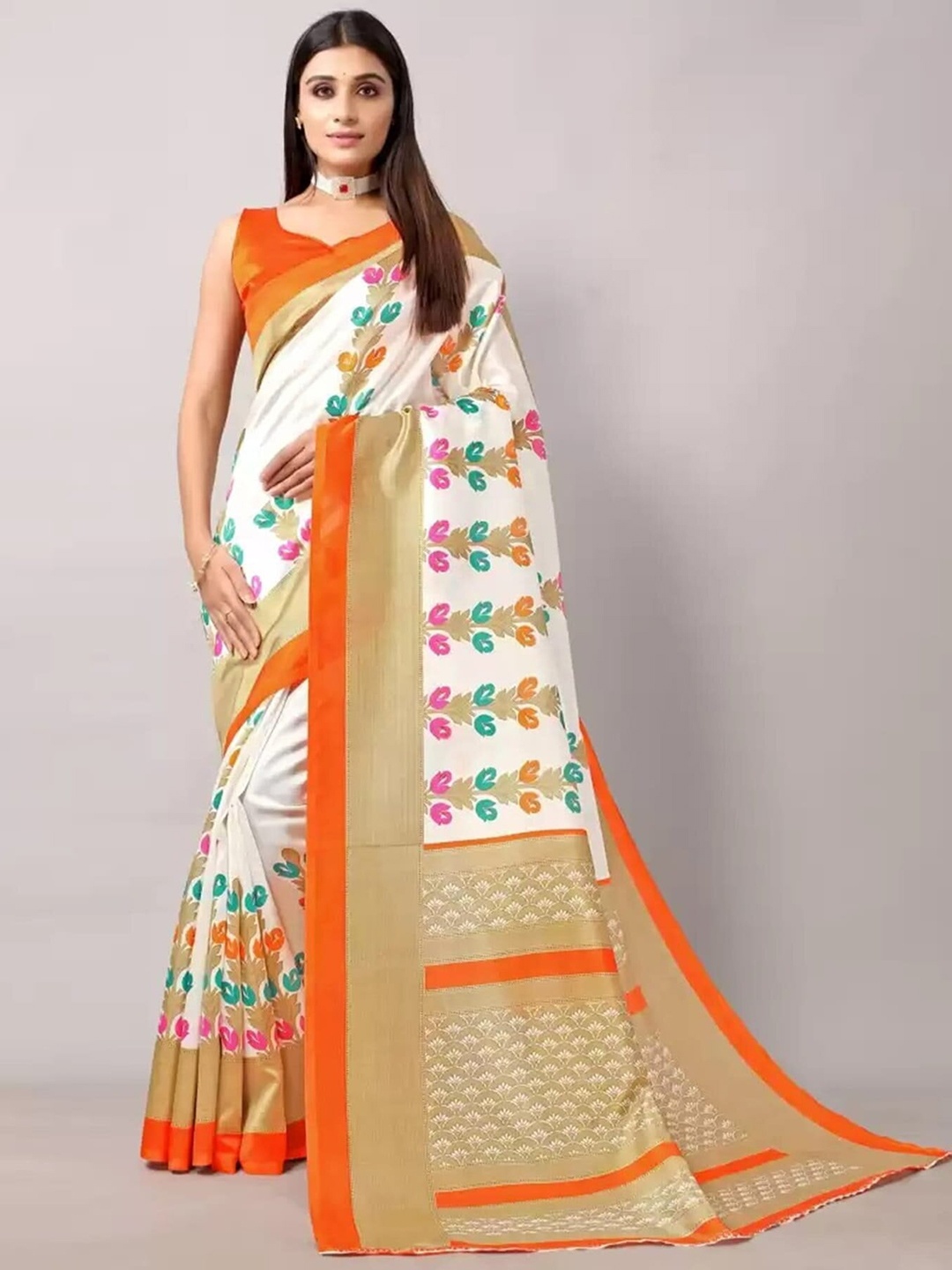 

Mitera Floral Printed Art Silk Banarasi Saree, White