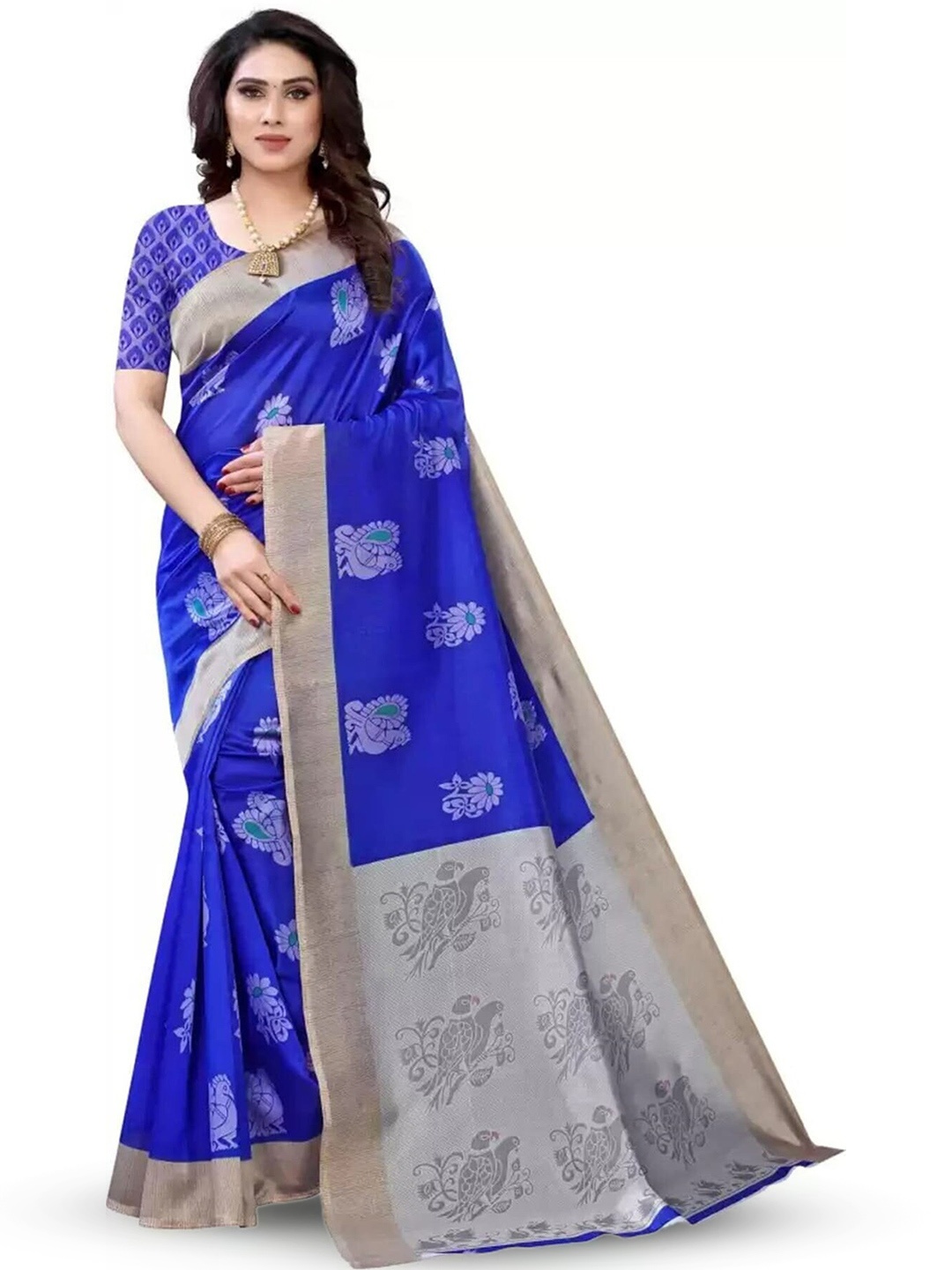 

Mitera Blue & Silver-Toned Ethnic Motifs Printed Zari Saree