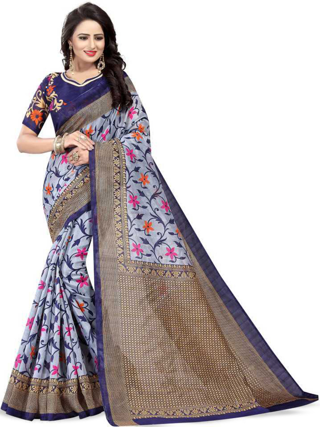 

Mitera Grey & Navy Blue Floral Printed Saree