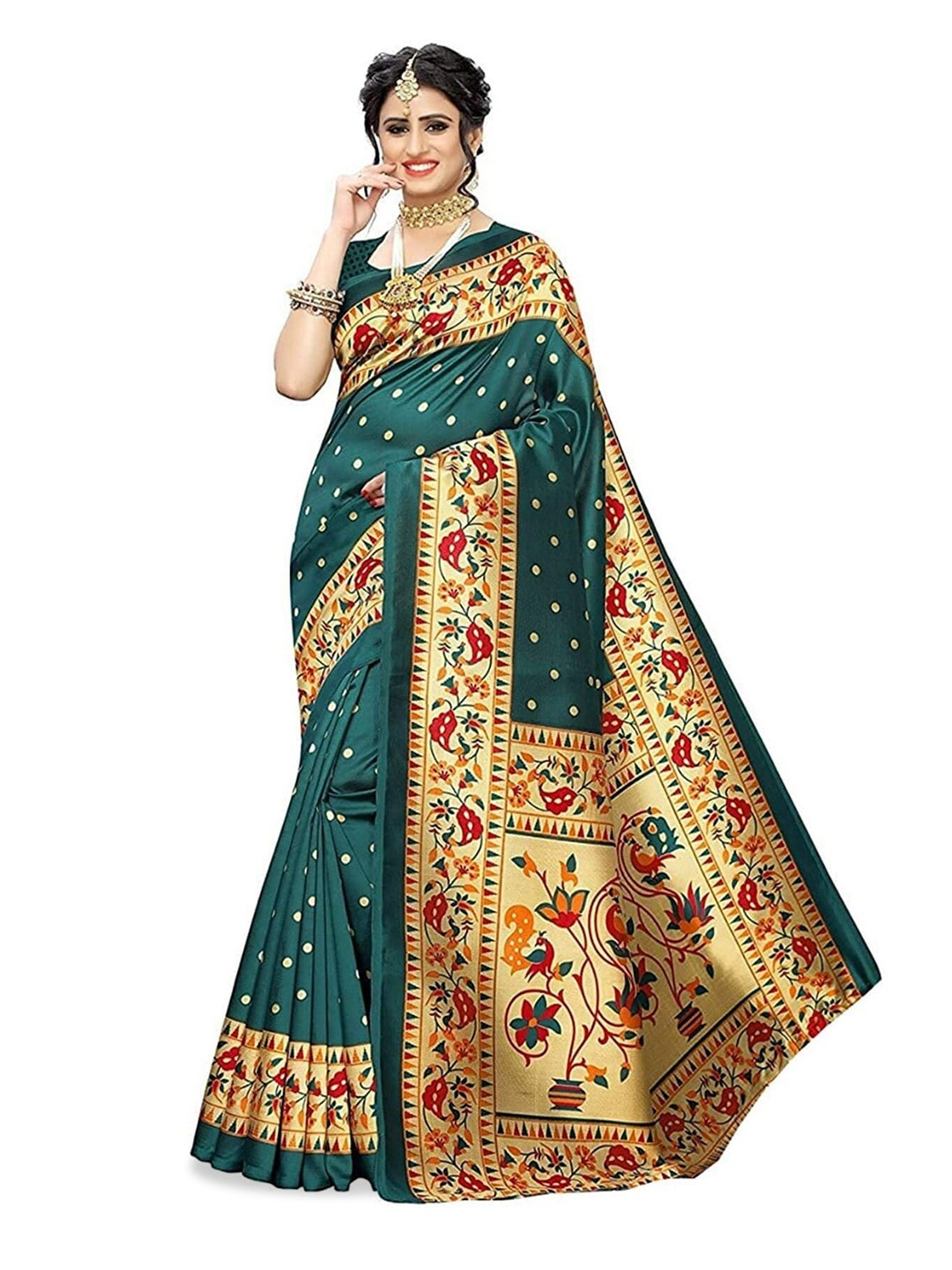 

Mitera Green & Red Ethnic Motifs Printed Banarasi Saree