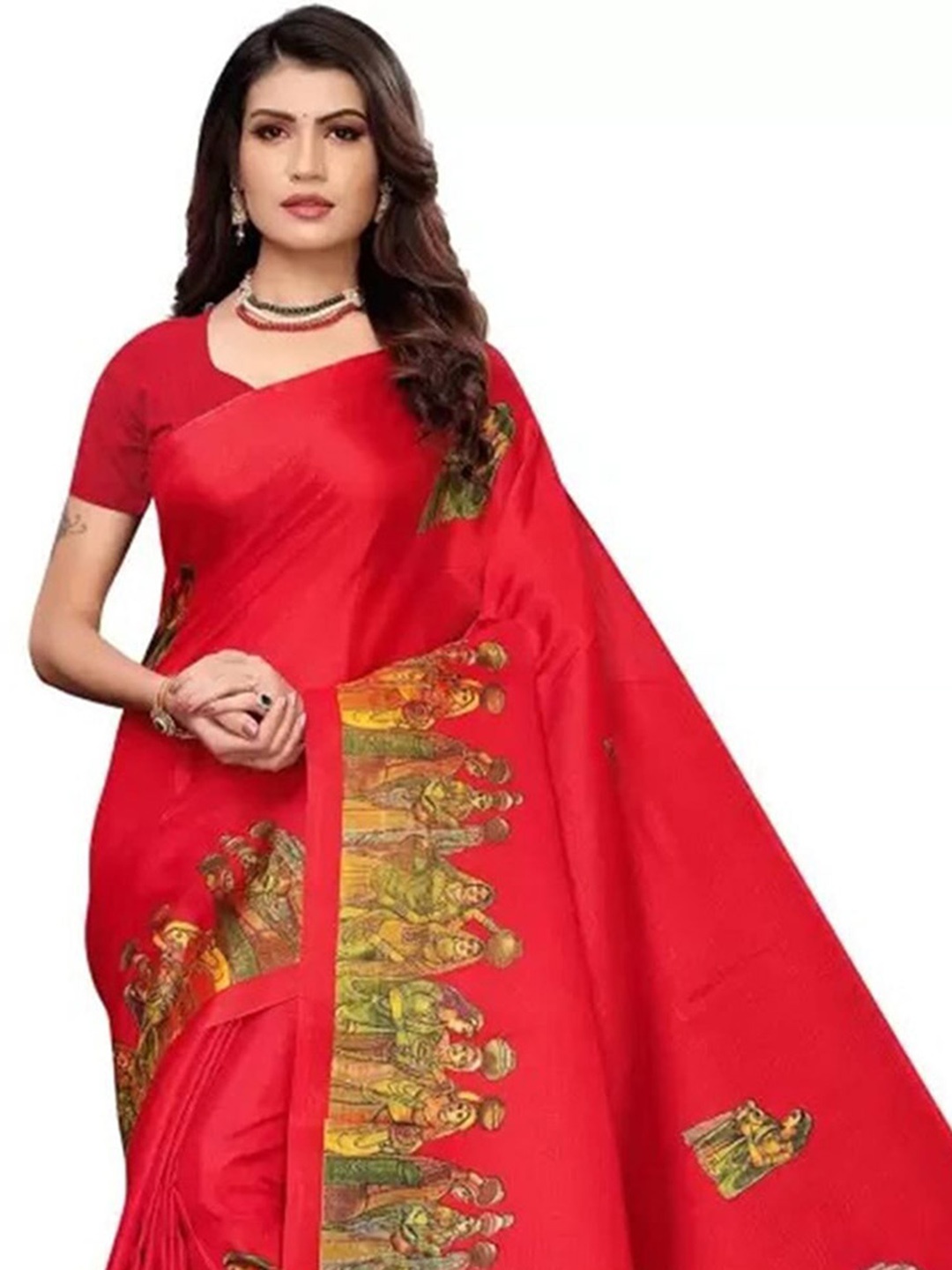 

Mitera Red & Green Ethnic Motifs Printed Banarasi Saree