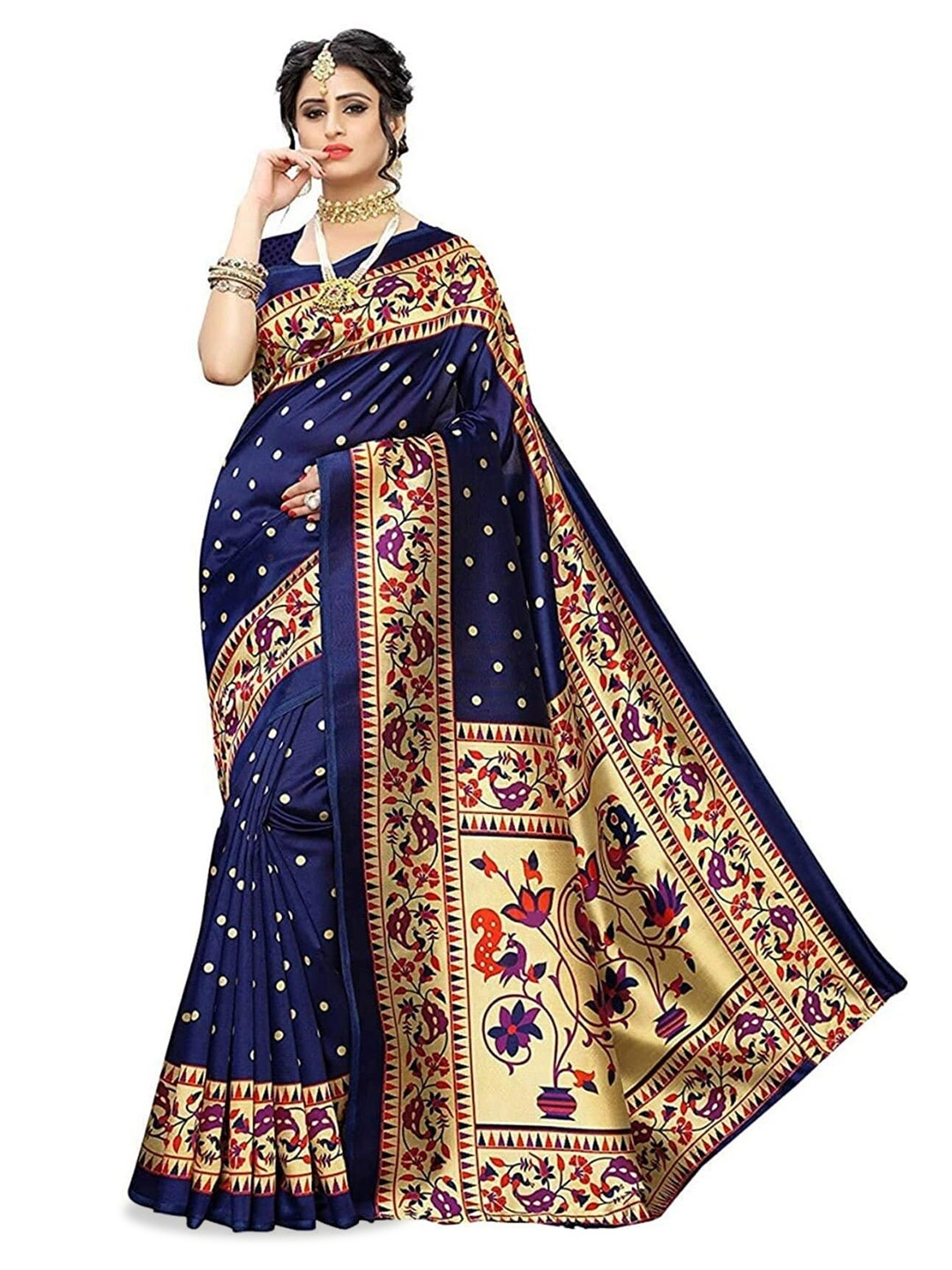 

Mitera Navy Blue & Red Polka Dot Printed Banarasi Saree