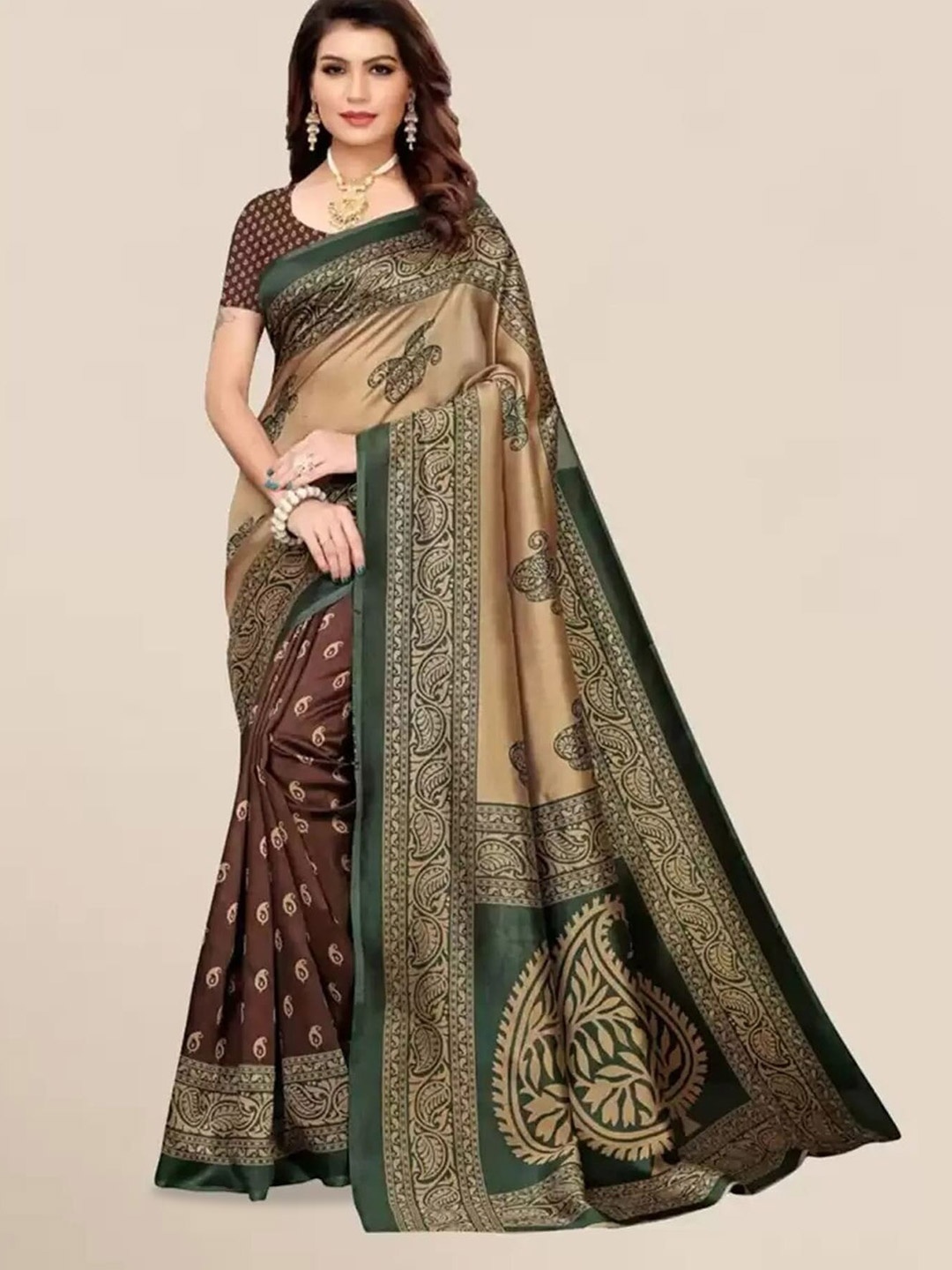 

Mitera Brown & Cream-Coloured Ethnic Motifs Printed Banarasi Saree
